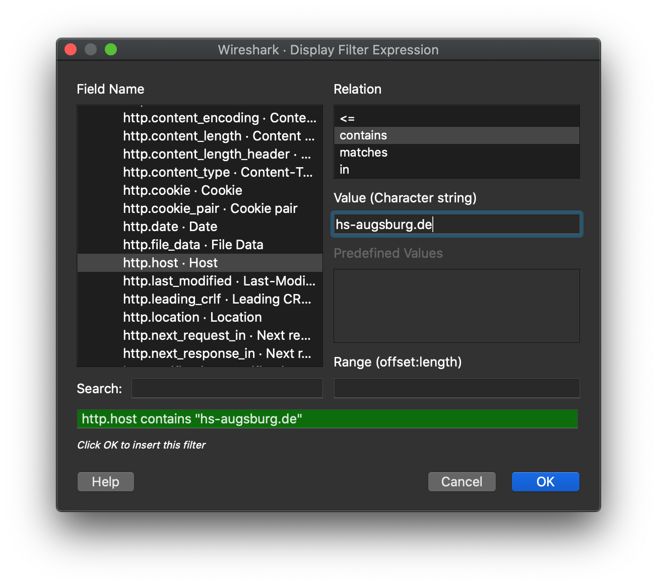 Wireshark Filter-Dialog